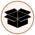 Open black cardboard box icon inside a beige circular badge with brown border