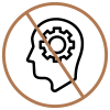 Head silhouette with a gear inside the brain, crossed out with a diagonal line to indicate prohibition of thinking gear.