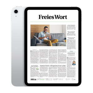 Tablet displaying the Freies Wort front page newspaper, with a man sitting on a sofa reading a tablet and article columns visible on the page.
